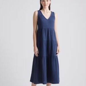 Quince 100% Organic Cotton Gauze Tiered Maxi Dress XL Indigo‎ Blue New With Tags